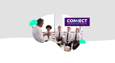 A teacher from Connect Education Trust explains a science experiment to four students in school uniforms. The "Connect Education Trust" logo appears in the top right corner.