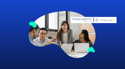 Three people sit at a table with laptops, discussing, while a fourth person stands. Logos for Teachermatic and Correos are displayed above them.