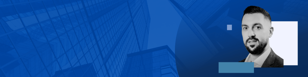 Monochrome image of a man in formal attire on the right side, set against a blue background with architectural building outlines.