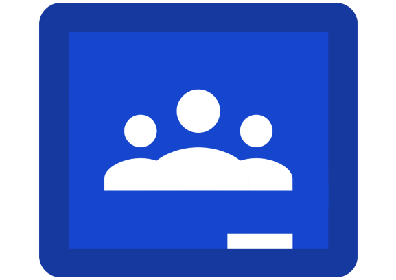Blue icon with three white person-like figures on a rectangular background, resembling a group or class, often associated with Google Classroom.