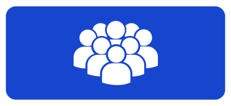 A white icon of seven people grouped together on a solid blue rectangular background with rounded corners.