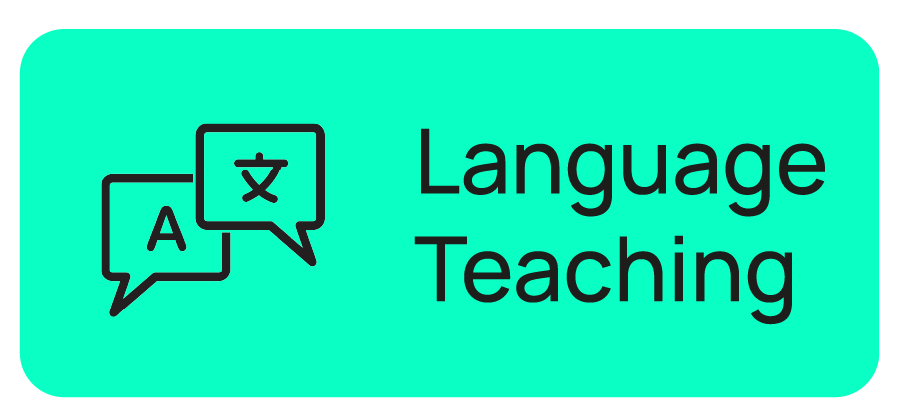 Two speech bubbles, one with an "A" and one with a foreign character, next to the words "Language Teaching" on a green background.