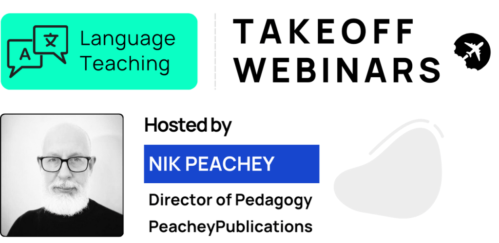 A graphic showing “Language Teaching” text, a grayscale portrait of a bearded man with glasses, a blue label “NIK PEACHEY,” and an abstract shape on the right features TeacherMatic Language Teaching Edition branding.