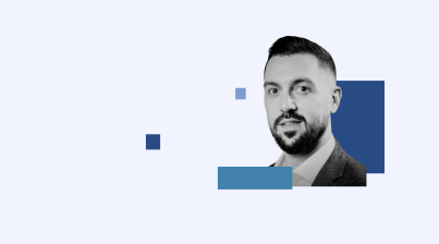 A grayscale photo of a man in a suit and tie is integrated into a minimalist graphic design with blue geometric shapes on a light grey background.