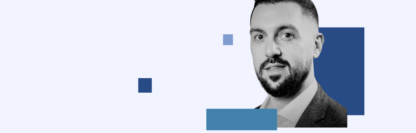 A grayscale photo of a man in a suit and tie is integrated into a minimalist graphic design with blue geometric shapes on a light grey background.