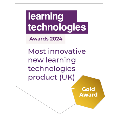 A badge reading "learning technologies Awards 2024, Most innovative new learning technologies product (UK), Gold Award.
