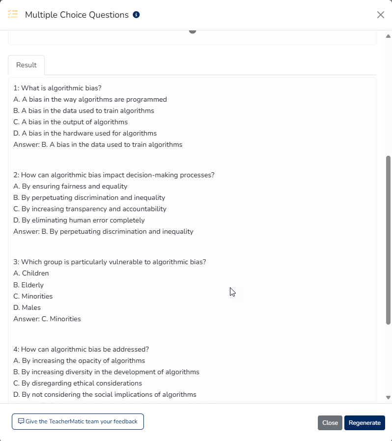 Screenshot of a multiple-choice quiz about algorithmic bias. The text includes questions and answer choices related to algorithmic bias, its impact, vulnerable groups, and strategies to address it.