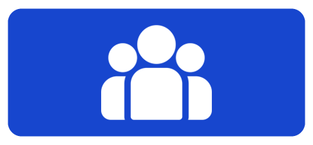 White icon of three people grouped together on a blue rounded rectangle background.