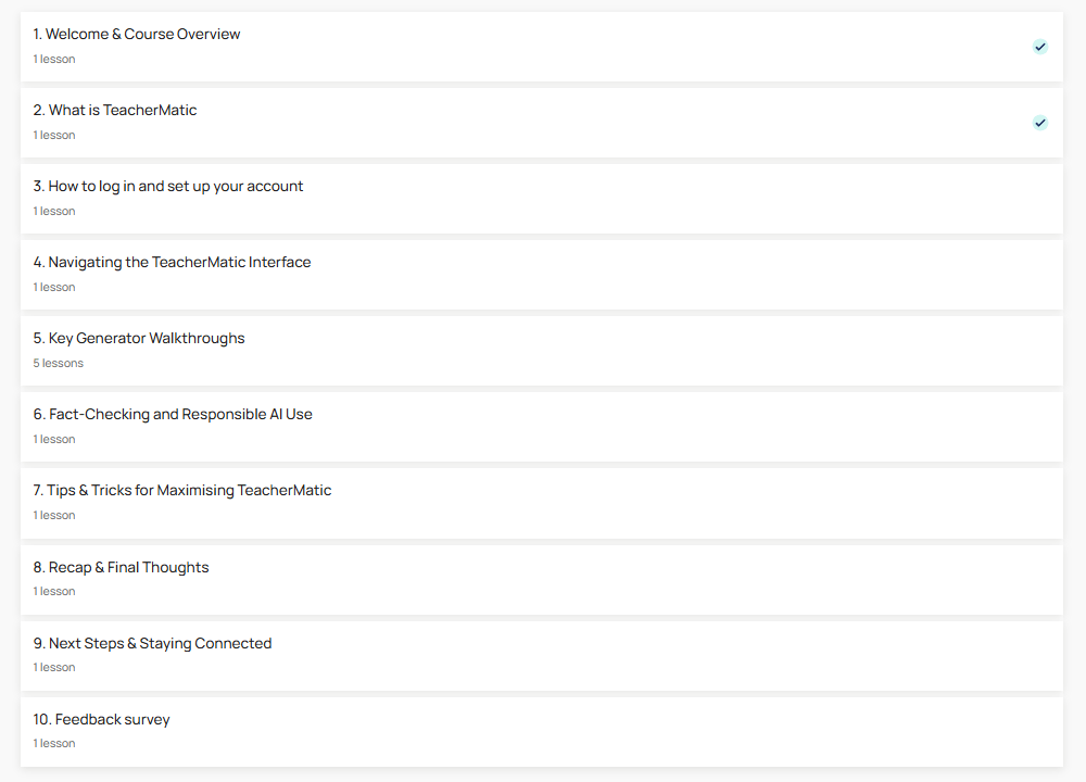 Screenshot of a course outline with ten sections, each listing a lesson, including topics like course overview, TeacherMatic usage, interface navigation, tips, and a feedback survey.