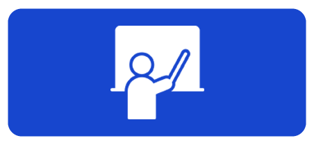 Icon of a person pointing at a board with a stick, representing teaching or giving a presentation, on a blue background.