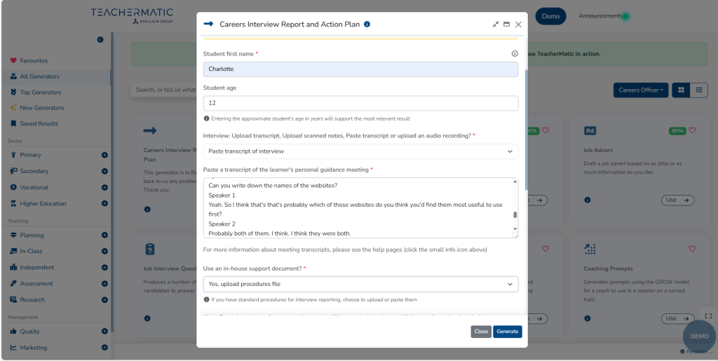 A digital form titled "Careers Interview Report and Action Plan" is displayed on a computer screen, with fields for student details, transcript, and document uploads.