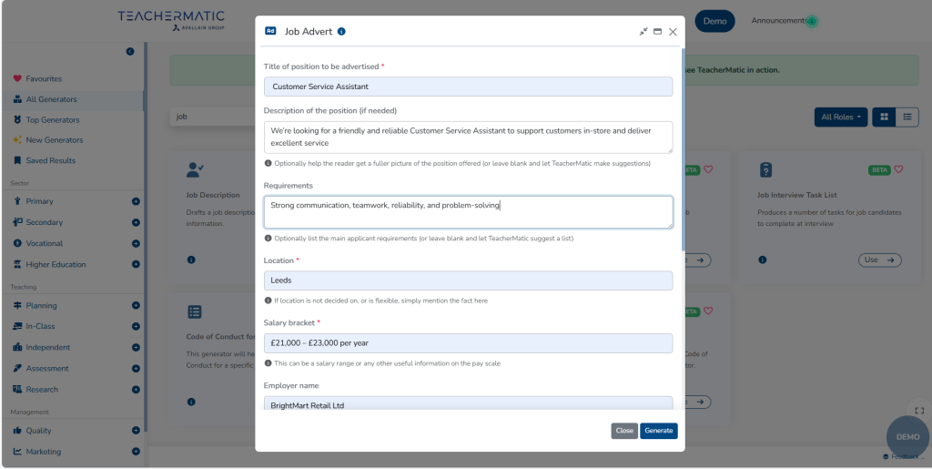 A job advert form for a Customer Service Assistant role is being filled out on the Teachermatic platform, displaying fields for job details, requirements, location, salary, and employer name.