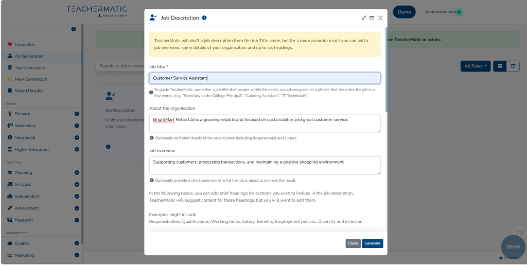 A job description form for a Customer Service Assistant is being filled out on the TeacherMatic platform, with fields for job title, summary, responsibilities, and requirements.
