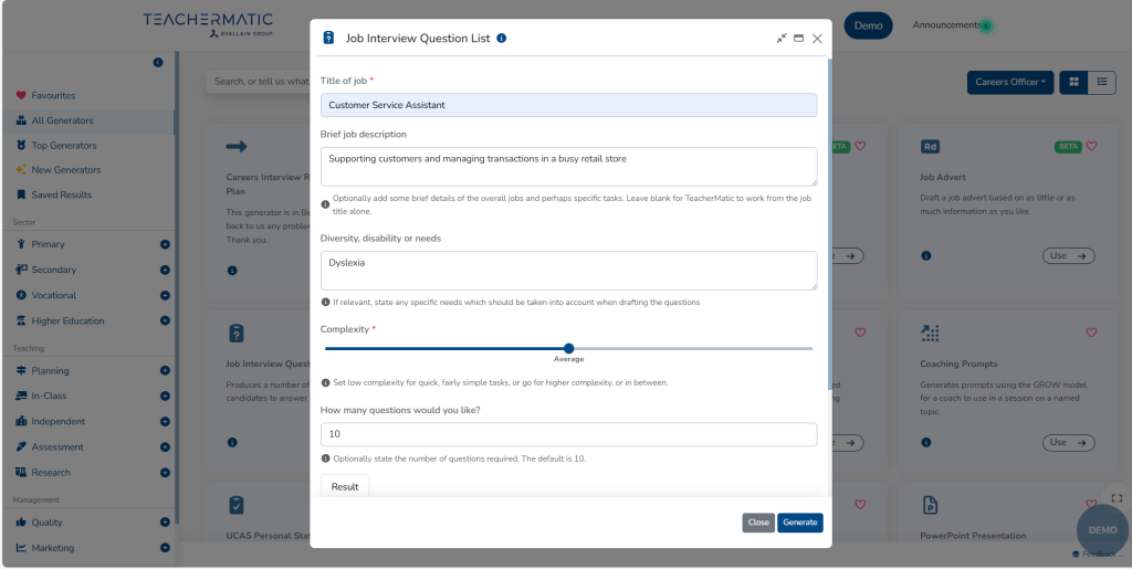 A job interview question form is filled out for the position of Customer Service Assistant, including details on role description, diversity needs, and complexity level.