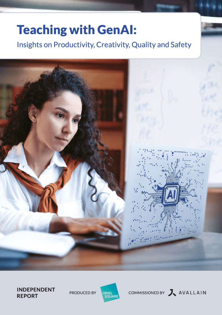 A person with curly hair works on a laptop at a desk. A board with a circuit design and "AI" is nearby. The image is titled "Teaching with GenAI.