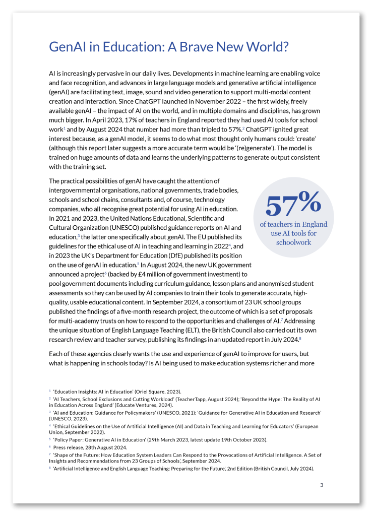Page titled "GenAI in Education: A Brave New World?" with text discussing AI's role in education, a large "57%" graphic, and references at the bottom.