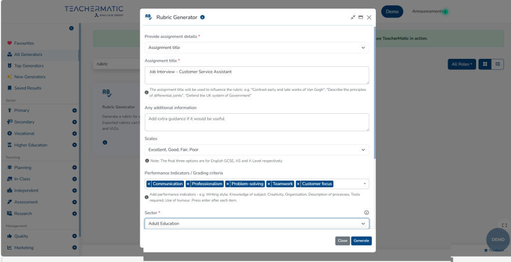 Screenshot of the Teachermatic Rubric Generator showing fields for assignment details, grading scales, and performance indicators with selected tags including Communication and Customer focus.