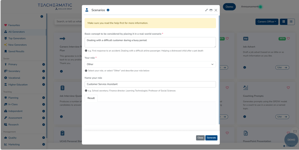 A web interface displays a scenario creation form for TEACHERMATIC, including fields for role selection, scenario name, and result, with various menu options visible in the background.