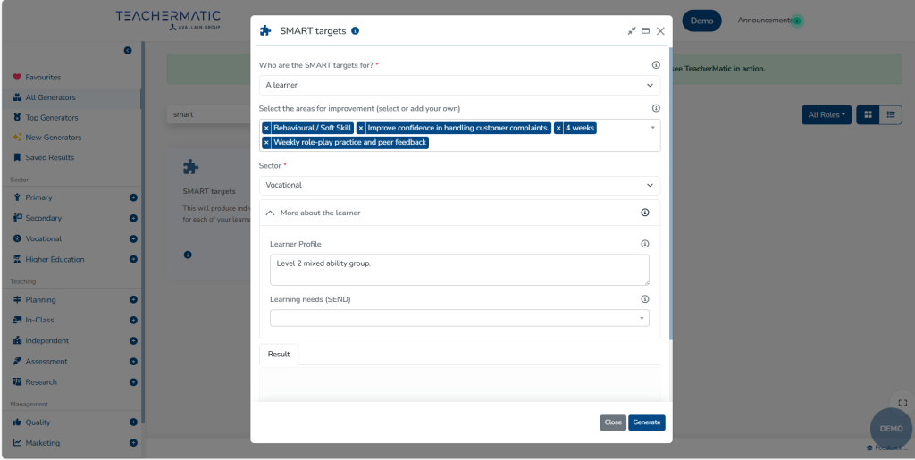 A user fills out SMART targets for a learner on a TEACHERMATIC platform, specifying behavioral skills and video role-play tasks in an online form.