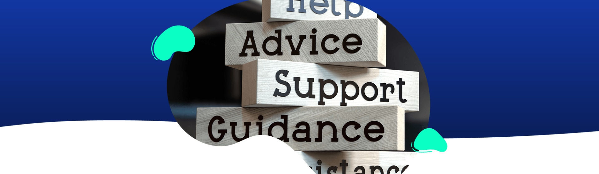 Wooden blocks with the words "Help," "Advice," "Support," "Guidance," and "Assistance" stacked together, framed by abstract shapes—perfect for illustrating a flipped classroom approach to collaborative learning.