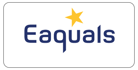 The image shows the word "Eaquals" in blue text with a yellow star above the letter "q" on a white background with rounded corners, representing TeacherMatic Language Teaching Edition.
