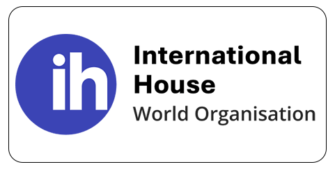 Logo of International House World Organisation featuring a blue circle with white "ih" and the organization’s name in black and grey text on a white background, highlighting its connection to TeacherMatic Language Teaching Edition.
